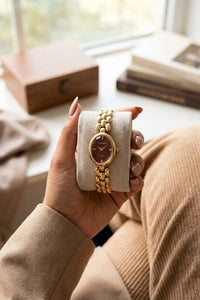 Elegant Maroon Oval Dial Anti-Tarnish Gold Plated Watch for Women