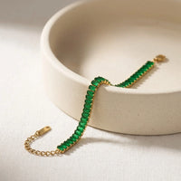 Emerald Green Baguette Tennis Bracelet | Anti Tarnish Gold Plated