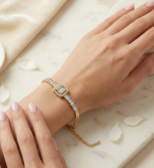 Baguette CZ Centerpiece Anti-Tarnish Gold Plated Bracelet for Women
