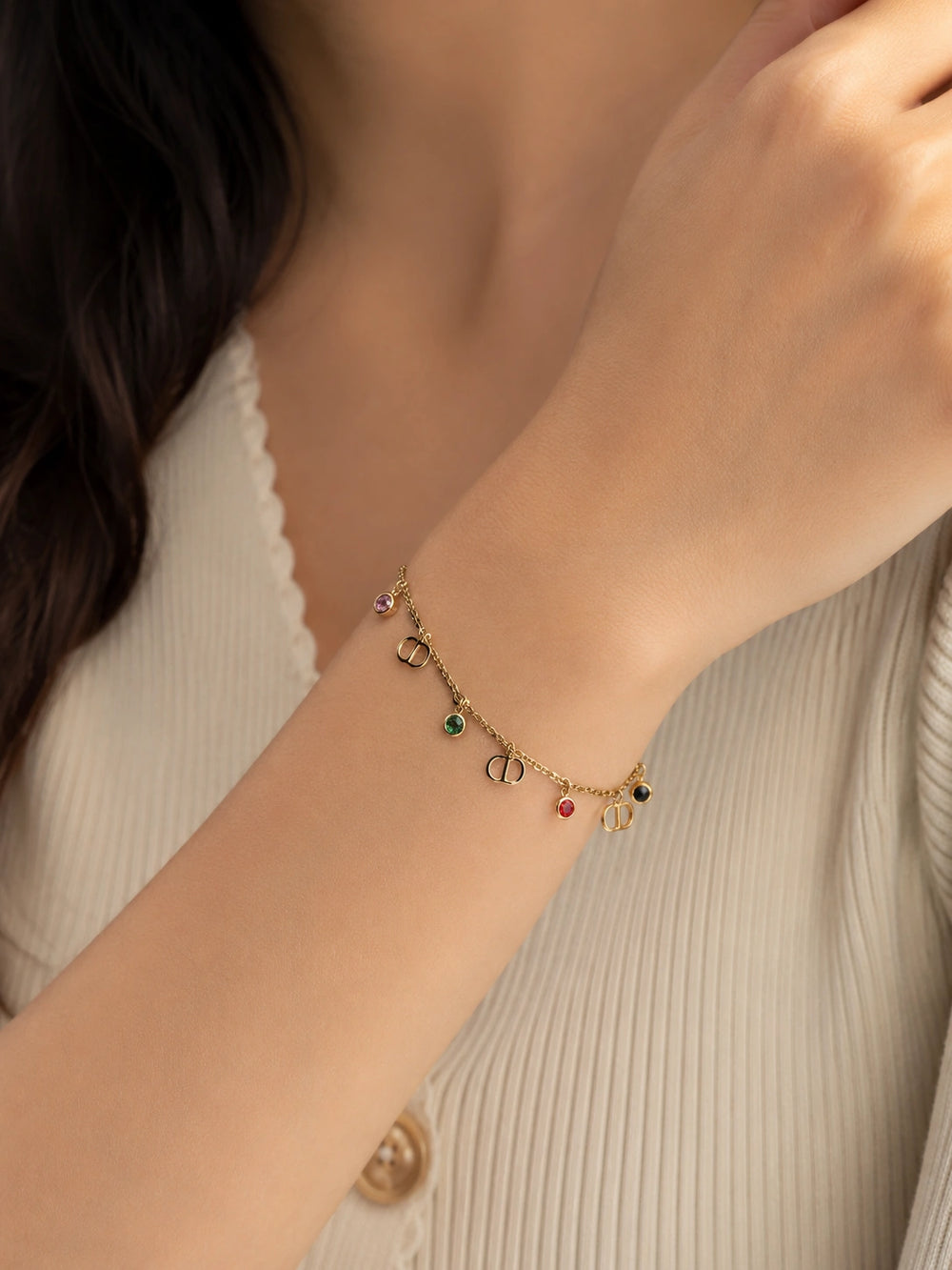 Multicolor Gemstone Charm Gold-Plated Bracelet | Anti-Tarnish