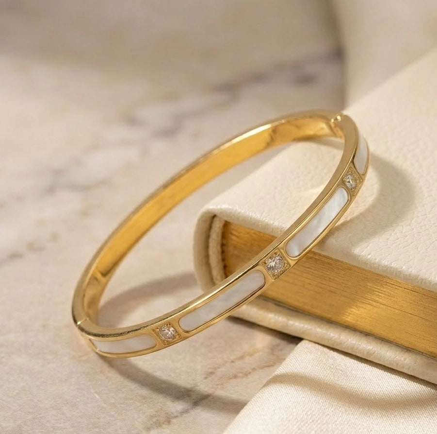 Mother of Pearl Inlay Bangle - Anti-Tarnish Gold Plated Bracelet for Women