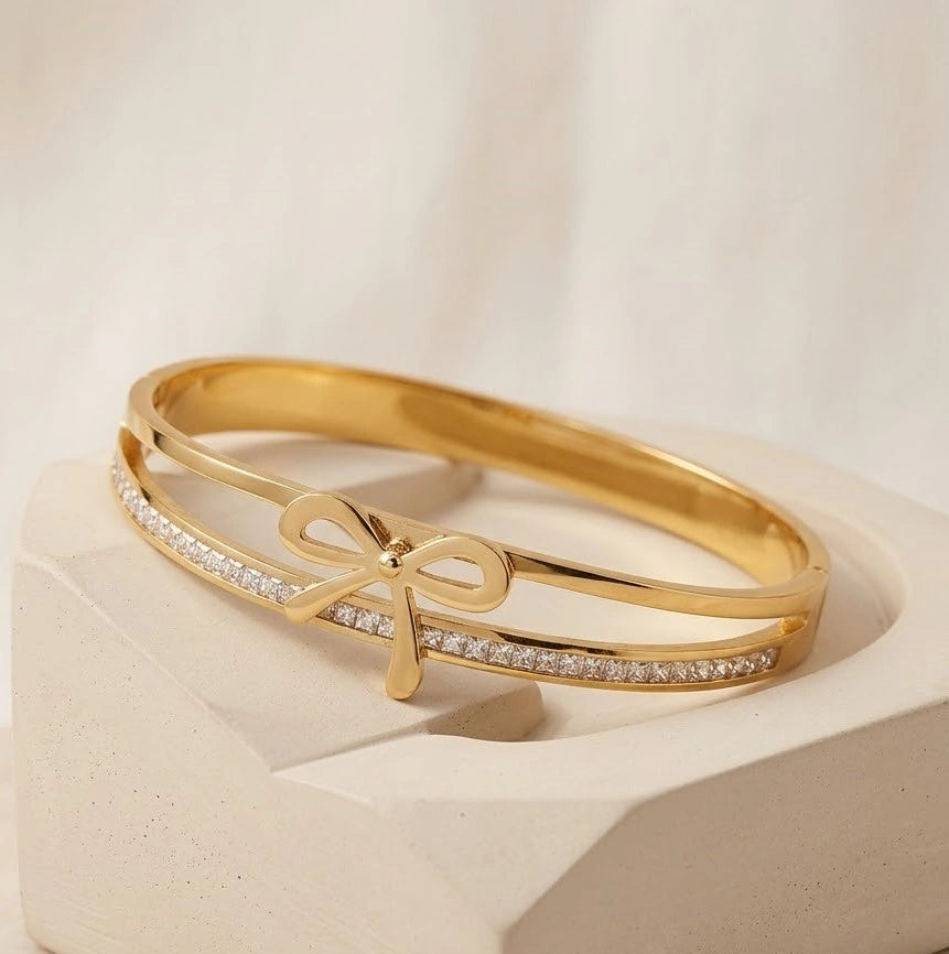 Bow Design Gold Plated Bracelet - Anti Tarnish Double Layer Bangle