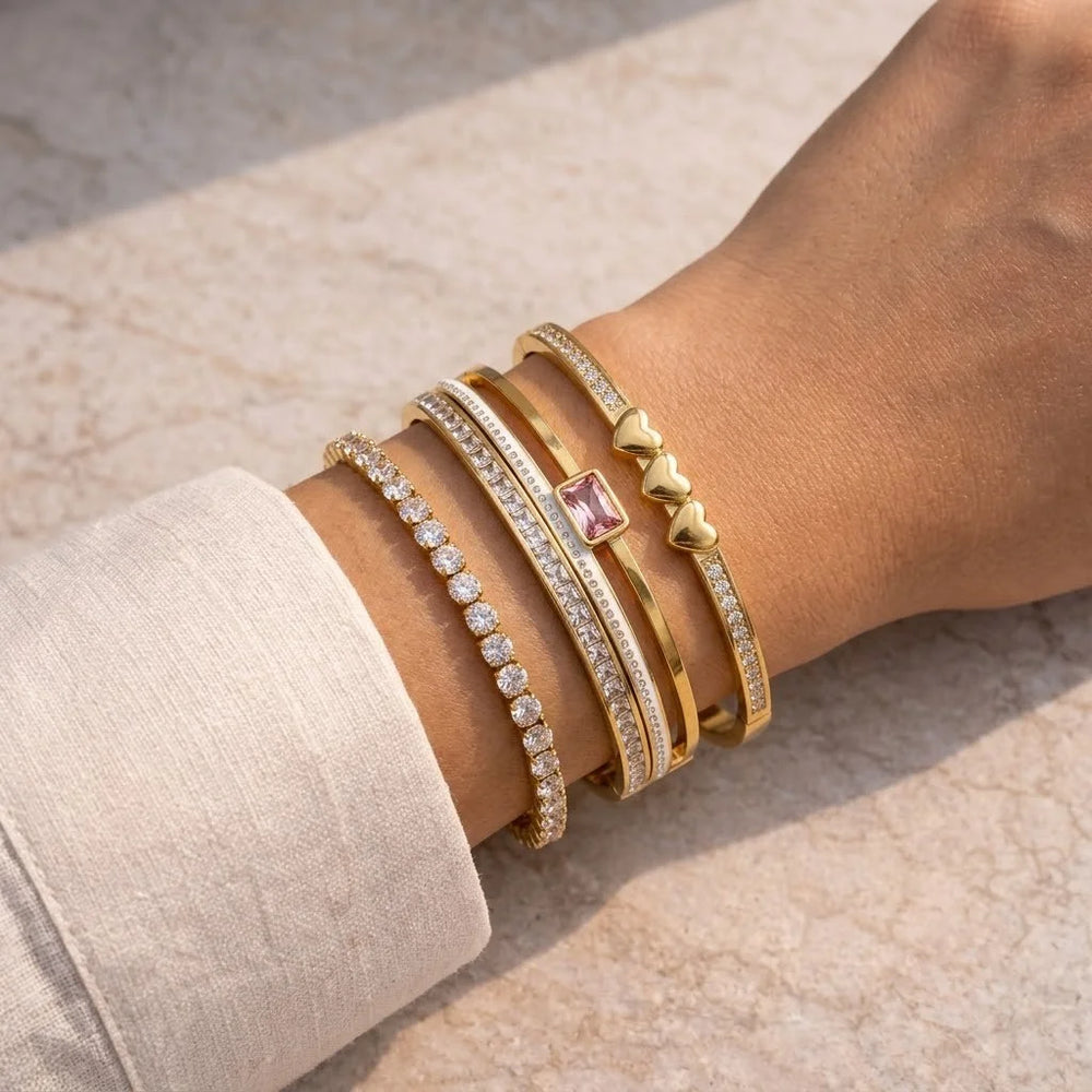 Anti-Tarnish Gold Plated Bracelet Stack Combo - Heart, Crystal & Pink Stone Bangle Set (3 Pieces)