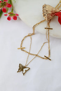 Anti-Tarnish Gold Plated Butterfly Layered Necklace | Pearl Inlay Double Chain