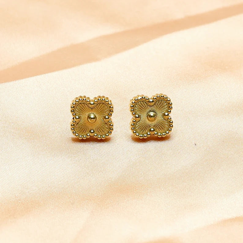 Anti-Tarnish Textured Clover Stud Earrings - Gold Plated Daily Wear