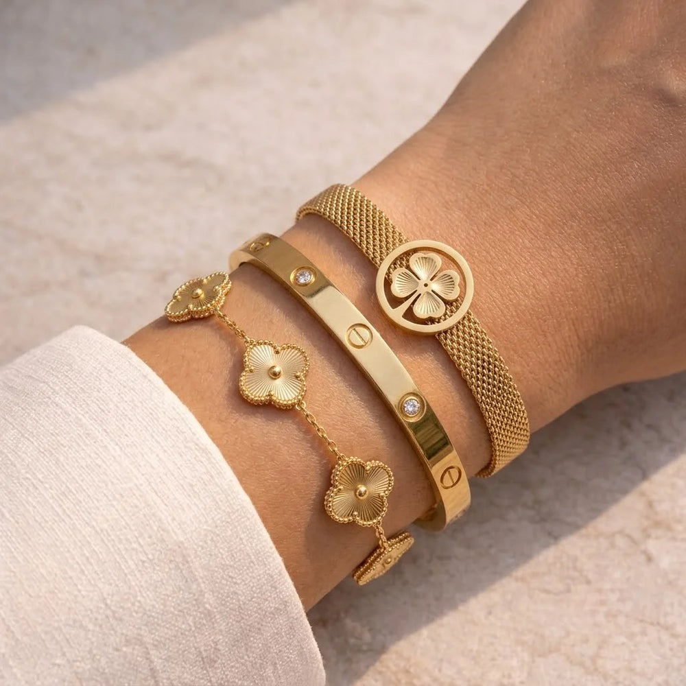 Anti-Tarnish  Gold Plated Clover & Geometric Bangle Stack - 3 Piece Set