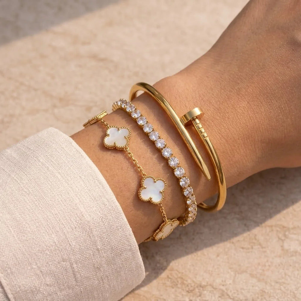 Gold-Plated Clover, Tennis & Nail Bracelet Stack (3-Piece Set)
