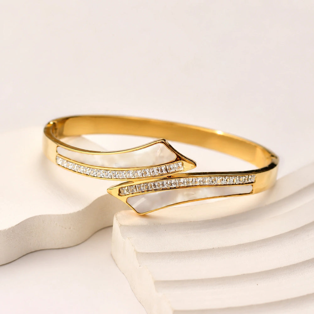 Anti-Tarnish Gold-Plated Bypass Bracelet with White Inlay & CZ Crystals