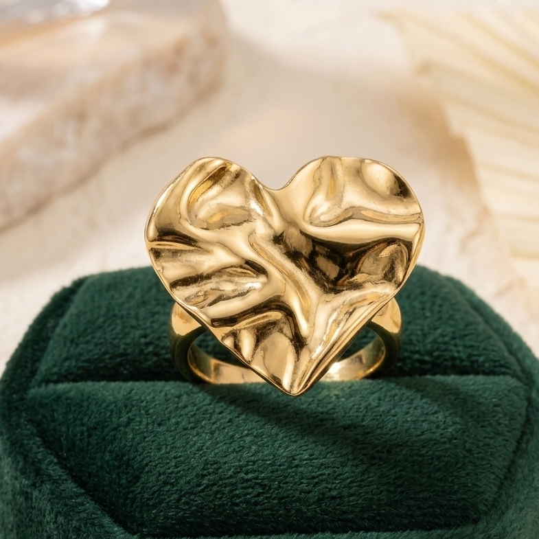 Molten Textured Heart Statement Ring - Anti-Tarnish Gold Plated