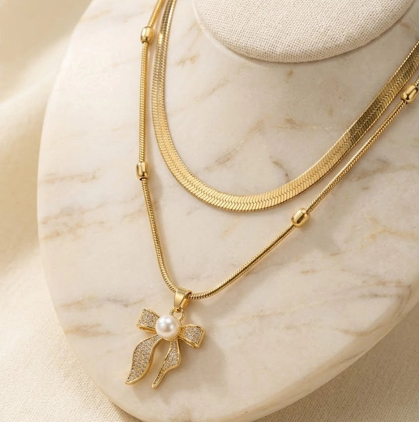 Layered Bow & Pearl Pendant Necklace - Anti Tarnish