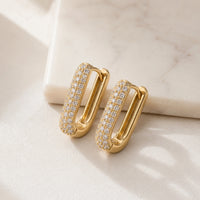 Pave Rectangular Hoop Earrings - Anti Tarnish Gold Plated