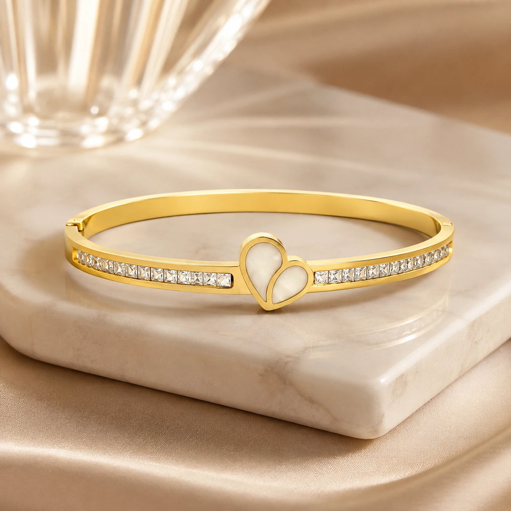 Anti-Tarnish Gold Plated Heart Bangle Bracelet with Crystals