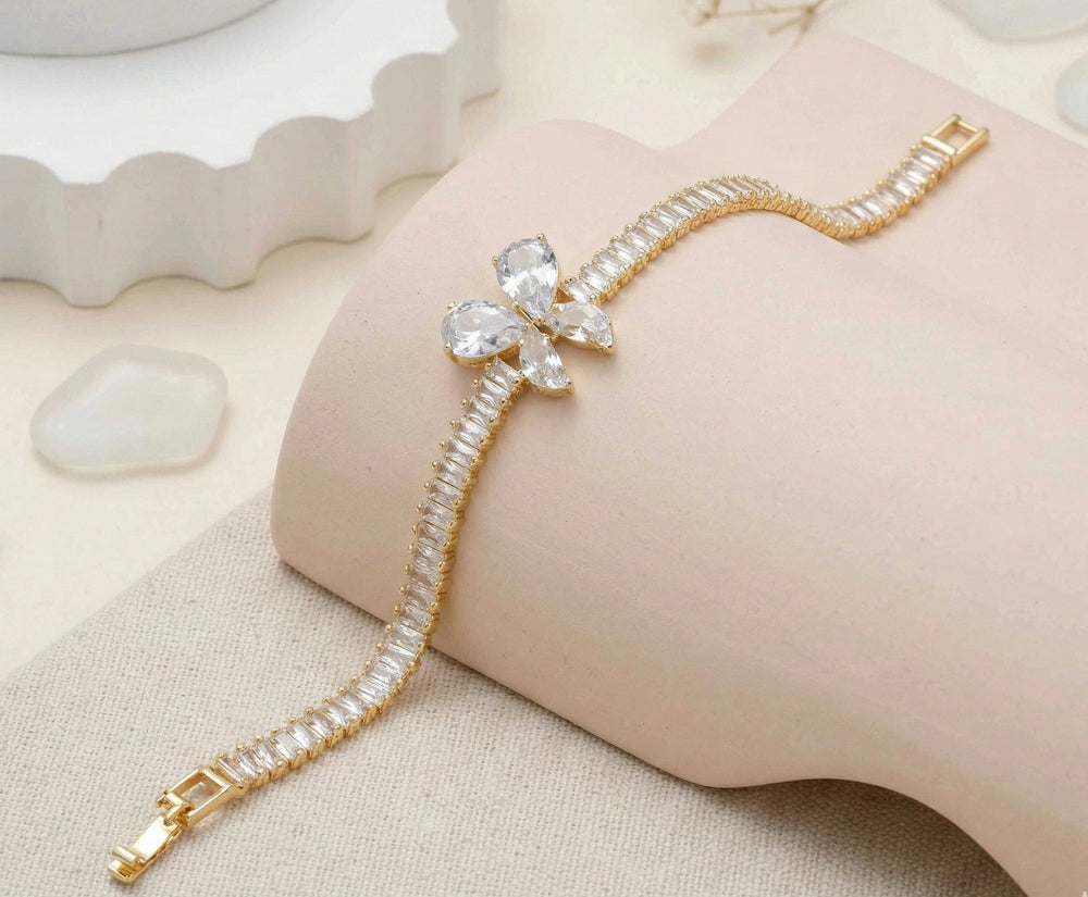Anti-Tarnish Gold Plated Baguette CZ Floral Bracelet for Women