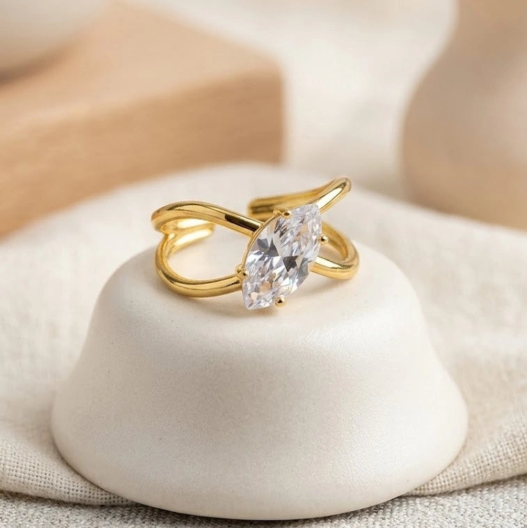 Anti-Tarnish Marquise Cut Gold Plated Adjustable Ring | Criss-Cross Open Design