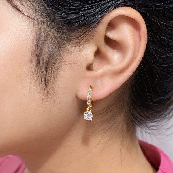 Gold Plated Dangle Hoops on Marble Display