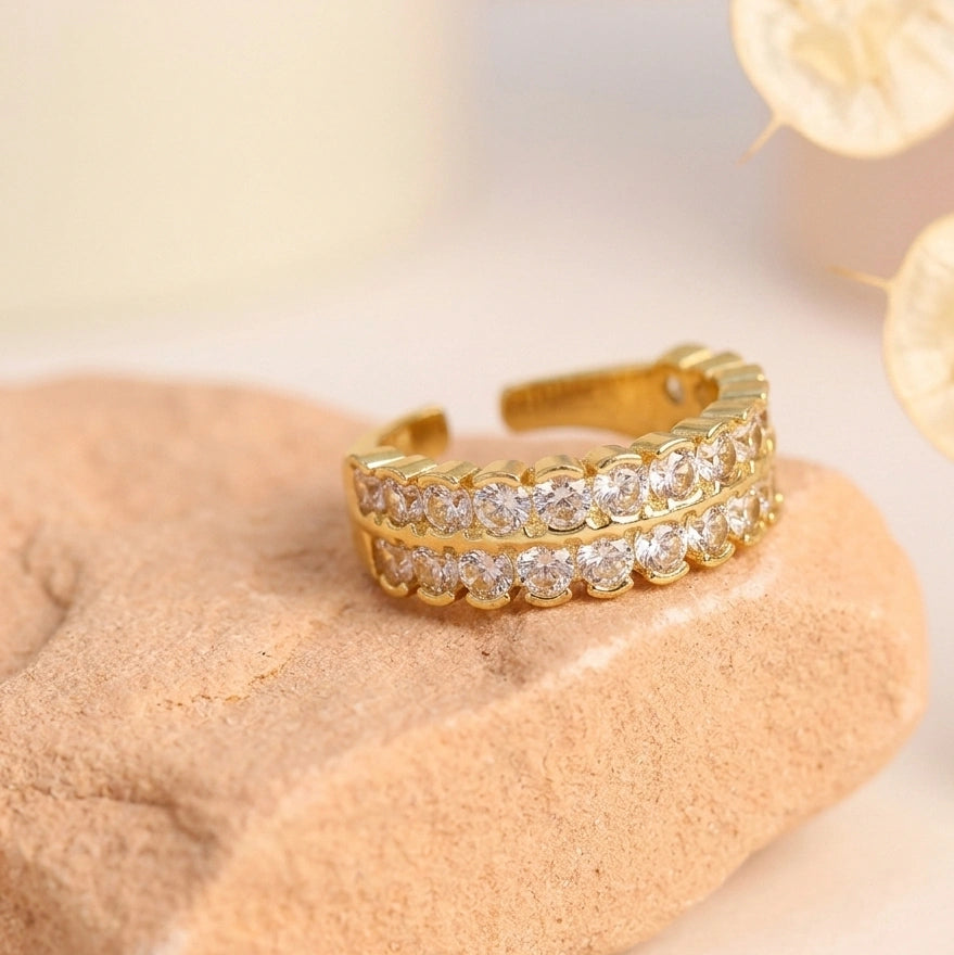Premium Gold Plated Double Row CZ Adjustable Fashion Ring for Women