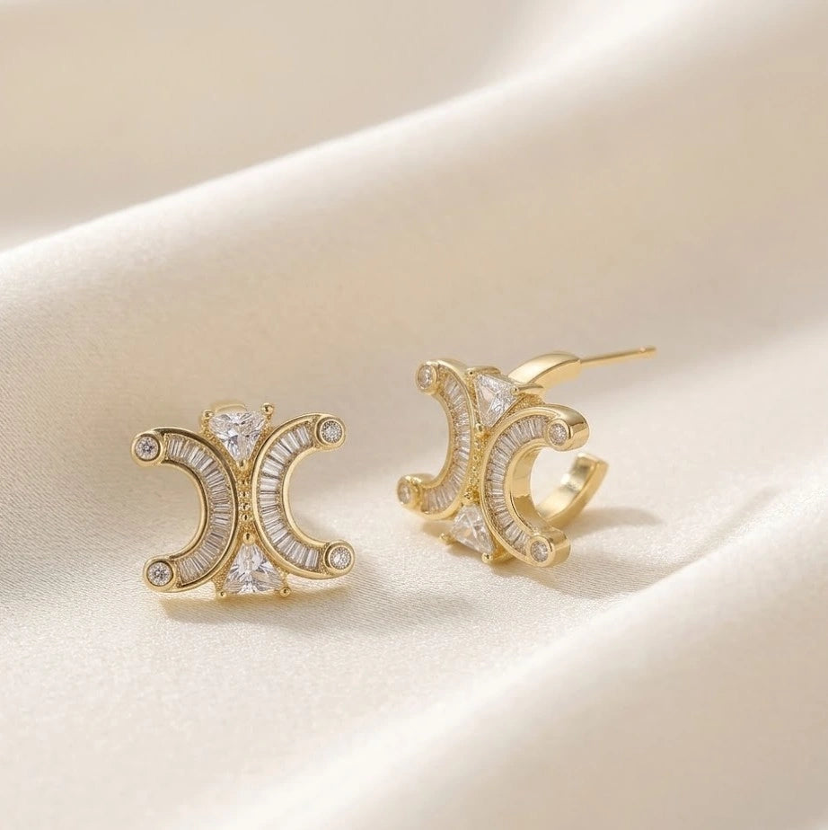 Crystal C-Shape Stud Earrings in Gold | High-Quality Fashion Jewelry