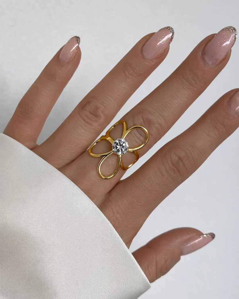 Floral Open Petal Solitaire Ring - Anti Tarnish Gold Plated
