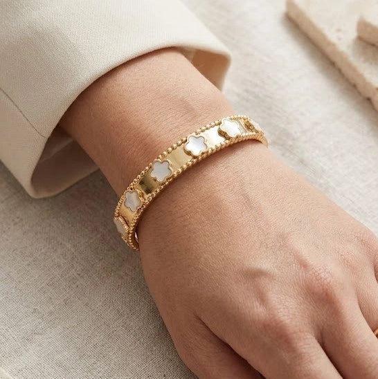 White Floral Motif Bangle - Anti Tarnish Gold Plated Bracelet