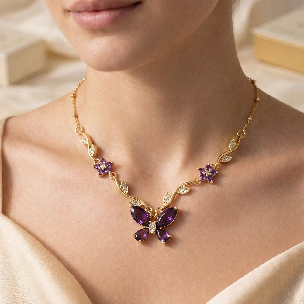 Purple Butterfly Pendant Necklace - Anti-Tarnish Gold-Plated Floral Jewelry