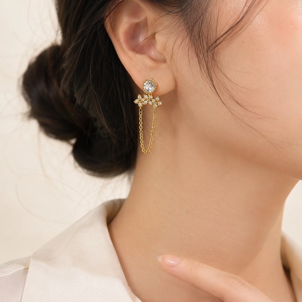 Crystal Chain Drop Earrings - Anti Tarnish Gold Plated