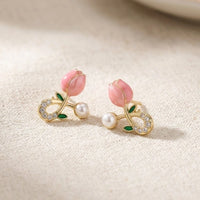 Pink Tulip & Pearl Floral Stud Earrings | Premium Korean Fashion Jewelry