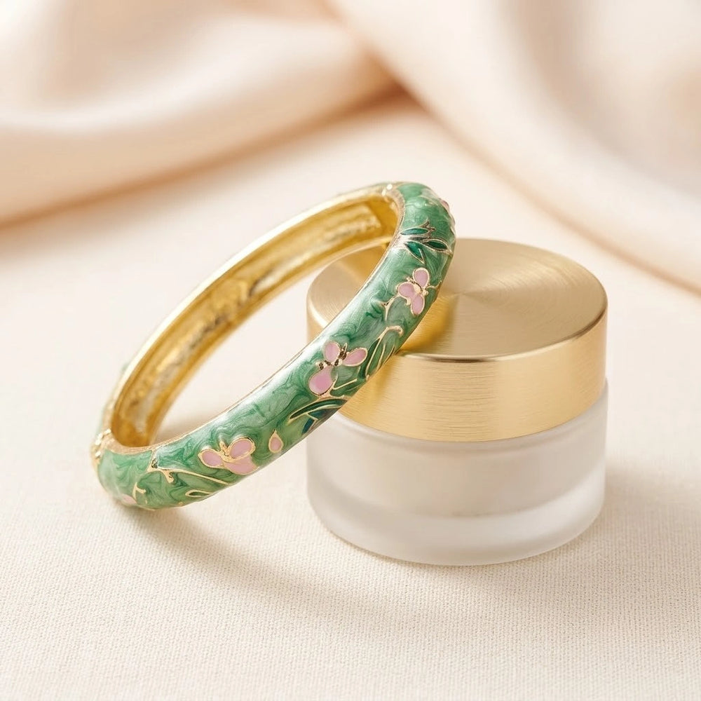 Green Enamel Floral Bangle | Vintage Gold Plated Bracelet