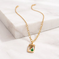 Vintage Rose Pendant Gold Plated Necklace with Green Stone - Anti Tarnish