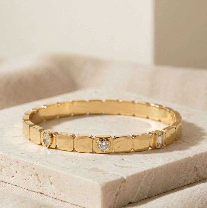 Geometric Square Link Anti-Tarnish Gold-Plated Bracelet with CZ Stones