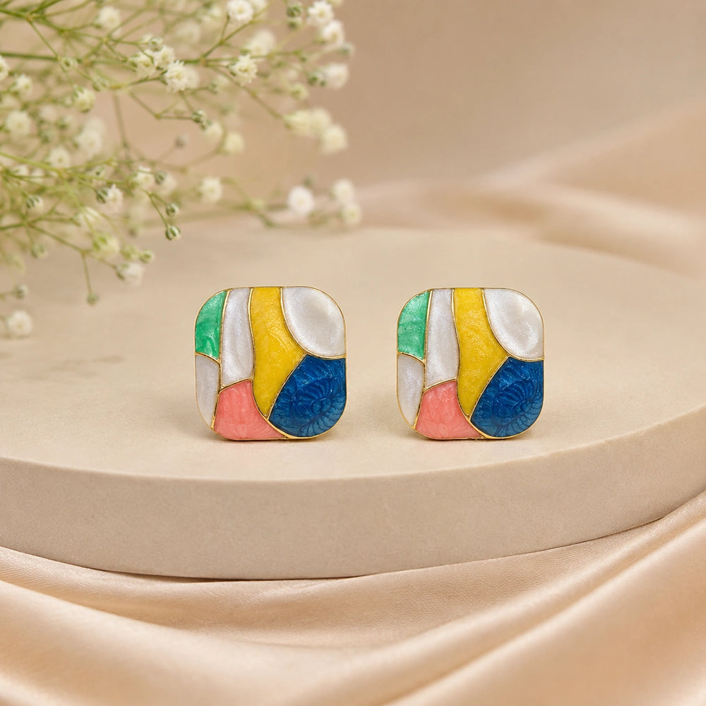 Colorful Mosaic Enamel Square Stud Earrings | Gold Plated Quirky Jewelry