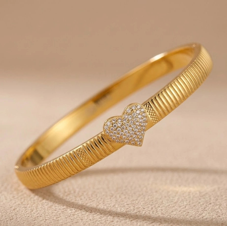 Gold Plated CZ Heart Bangle | Anti Tarnish Korean Style Bracelet