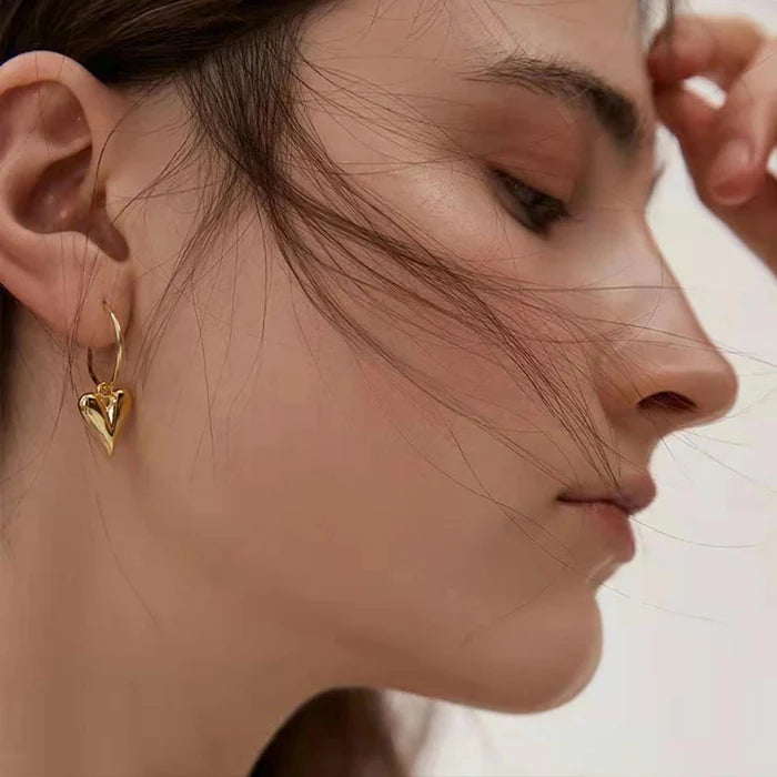 Puffy Heart Drop Hoop Earrings - Anti Tarnish Gold Plated