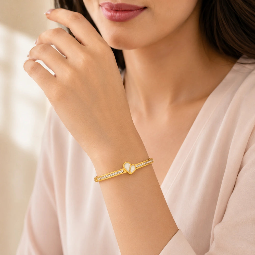 Anti-Tarnish Gold Plated Heart Bangle Bracelet with Crystals