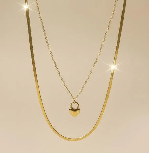Gold Plated Heart Pendant Double Layered Snake Chain Necklace - Anti-Tarnish Korean Jewellery