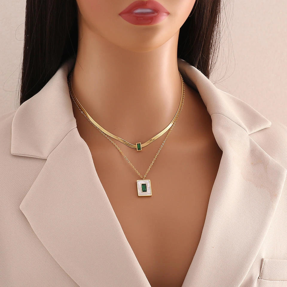 Emerald Green Stone Layered Necklace - Anti-Tarnish Gold Plated Herringbone Chain for Women