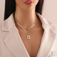 Emerald Green Stone Layered Necklace - Anti-Tarnish Gold Plated Herringbone Chain for Women