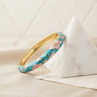 Floral Enamel Gold Plated Bangle - Blue & Pink Cherry Blossom Bracelet