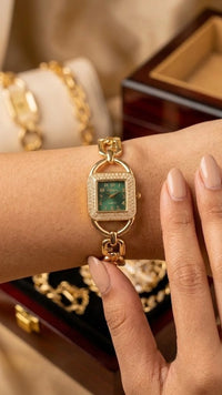 Vintage Emerald Green Square Dial Anti-Tarnish Gold Plated Watch - Moncheri Jewels