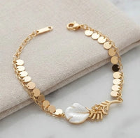 Gold Plated Layered Pearl Leaf Charm Bracelet | Anti-Tarnish