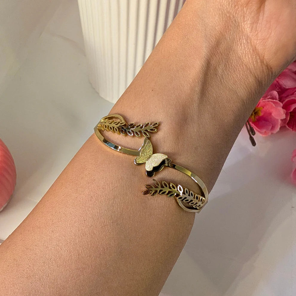 Anti-Tarnish Gold-Plated Butterfly & Leaf Cuff Bracelet for Women