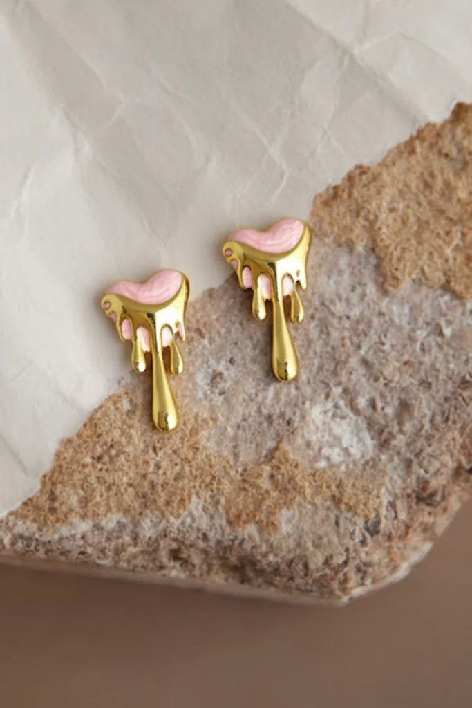 Melting Heart Drip Earrings – Pink & Gold Tone Statement Jewelry – Korean Style