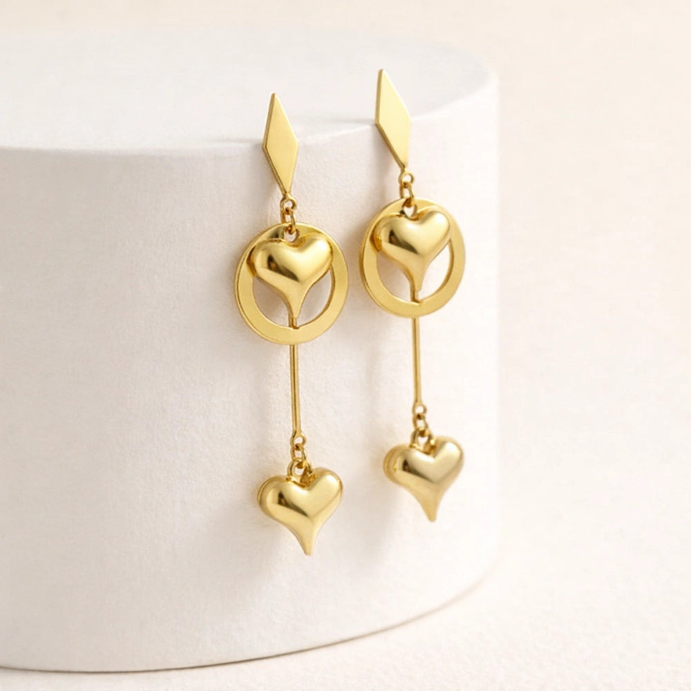 Double Heart Drop Earrings - Anti Tarnish Gold Plated