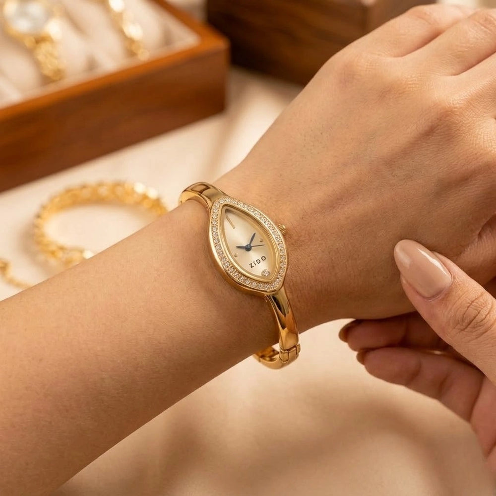 Premium Minimalist Oval Stone-Studded Anti-Tarnish Anti-Tarnish Gold Plated Watch for Women
