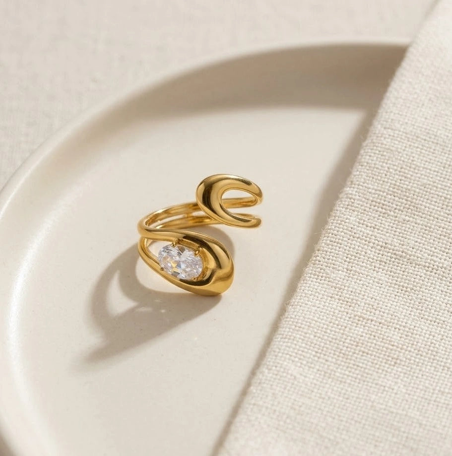 Abstract Sculptural Open Ring with Zirconia | Anti-Tarnish Fashion Jewelry