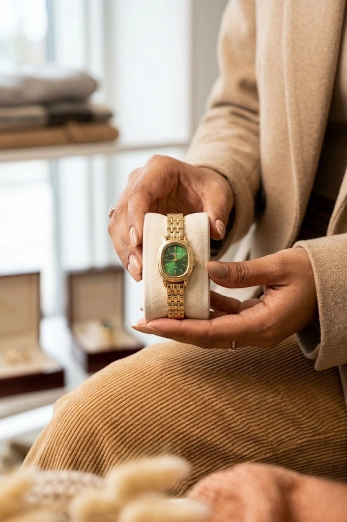 Emerald Green Oval Dial Anti-Tarnish Gold Plated Watch