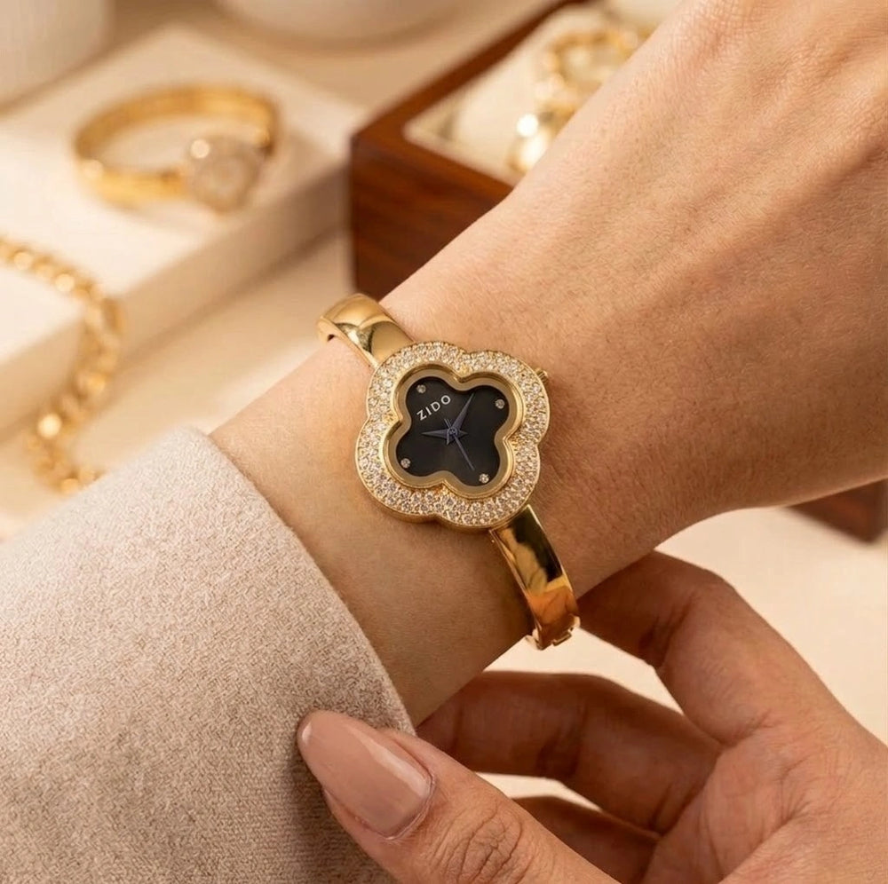 Black Clover Dial Anti-Tarnish Gold Plated Watch | Moncheri Jewels