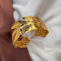 Anti-Tarnish Gold Plated Leaf Cuff Bracelet - Adjustable Botanical Design