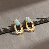 Teal Striped Geometric Drop Earrings – Korean Style Gold Tone Fashion Jewelry
