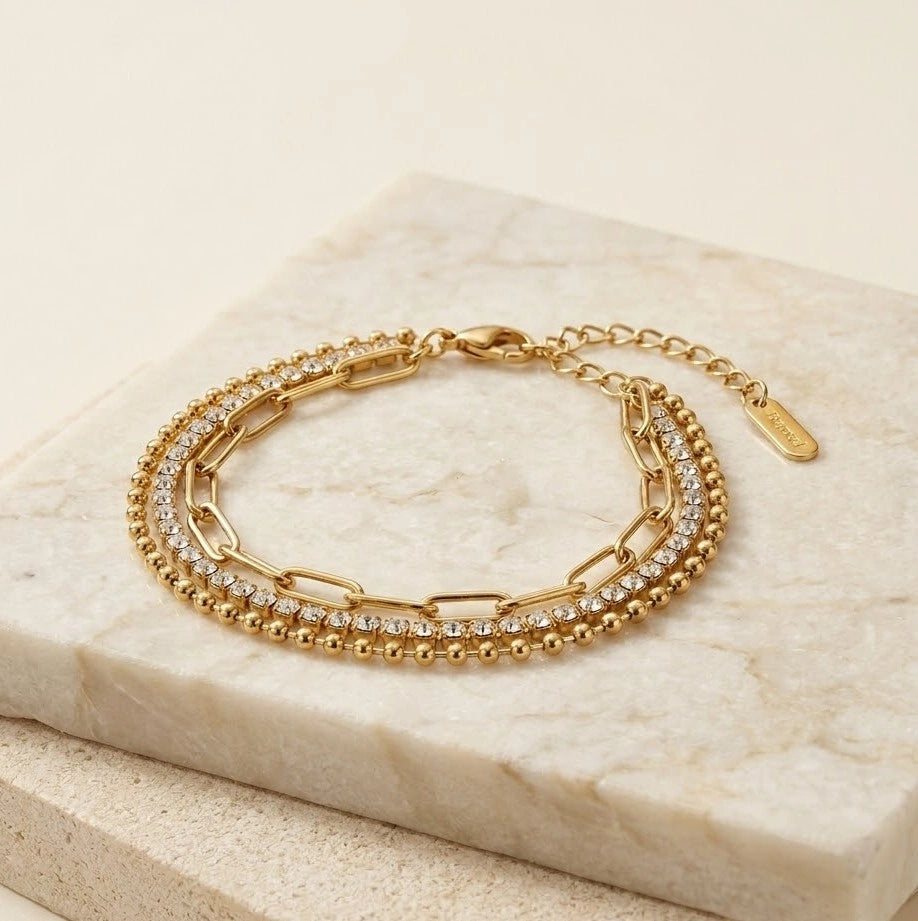 Triple Layer Mixed Chain Anti Tarnish Gold Plated Bracelet