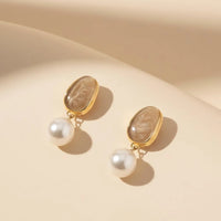 Korean Style Pearl Drop Earrings – Chic Champagne Enamel & Gold Tone Dangles